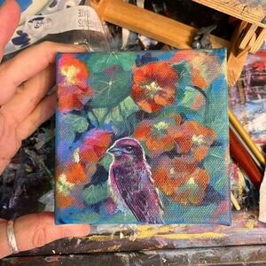 Original Painting Finch Nasturtiums bird Decor floral Art Ooak Artettina USA‎